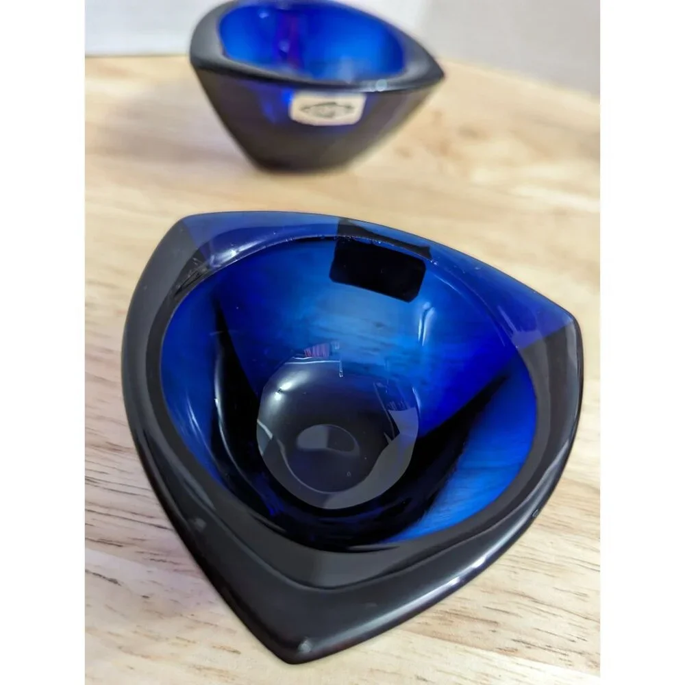 Nuutajarvi‎ Finland glass cobalt blue tea voltive candle holders round triangle